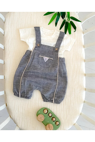 hümabebe Linen 2-Piece Summer Salopet Set with Pocket Details on the Front