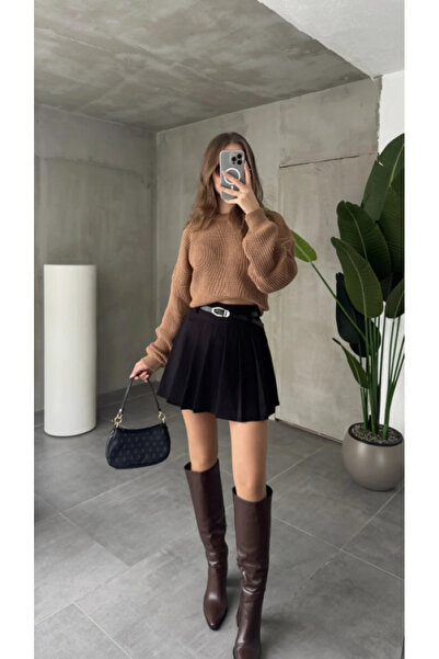 Rowsmen Women's Black High Waist Belted Full Pleated Mini Skirt