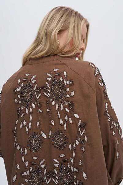 Hilals Butik Kolu ve Sırtı İşlemeli Oversize Kahverengi Kimono