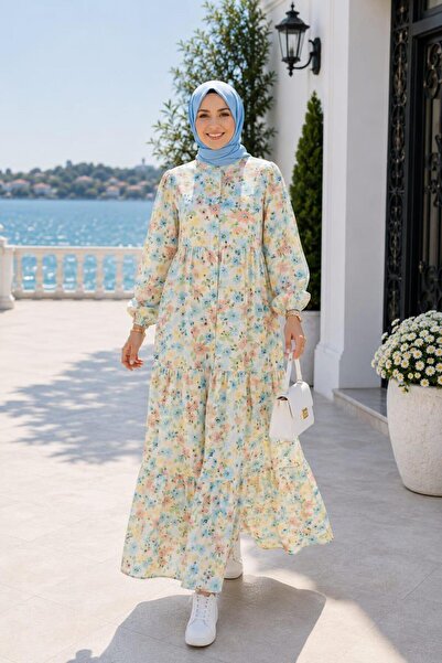 Hb Harma Time Butik Women's Buttoned Patterned Modal Fabric Beige Dress