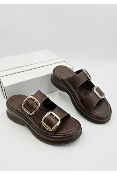 GNY AYAKKABI Women's Brown Faux Leather Buckle Round Toe Thick Sole Slippers ...
