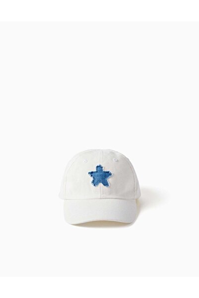 Ziddy Cotton Cap With Denim Star For Girls White Blue
