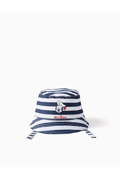 Ziddy Cotton Bucket Hat With Mickey Print For Newborn Boys Blue White