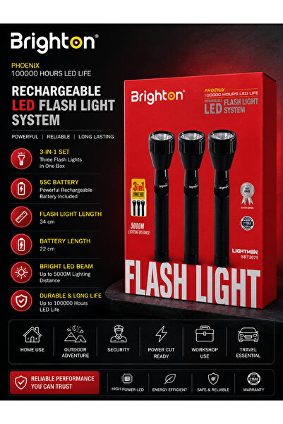 Brıghton Rechargeable LED Flash Light 3-in-1 Set with 5SC Battery and Long Be...