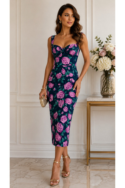 Diva Exclusive Fashion Rochie Midi Mulată cu Trandafiri Roz și Decolteu Elegant