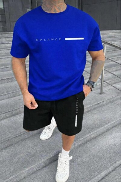 CAST COLLECTİON Men's Sax Blue Balance Printed Black Shorts T-Shirt Set