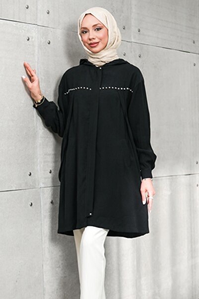 İmajButik Black Hooded Tunic with Hidden Zipper