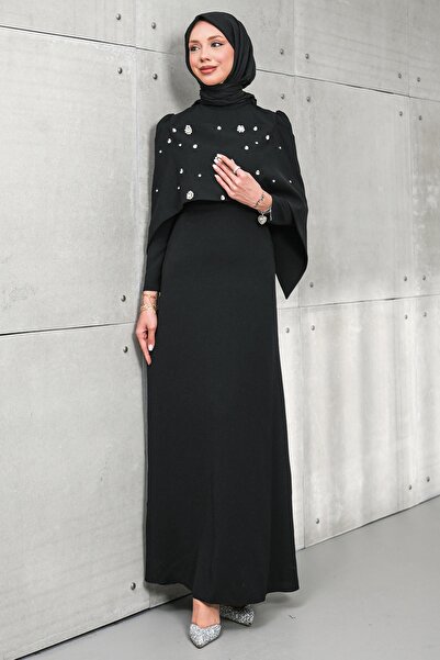 İmajButik Black Front Cape Detailed Stoned Evening Dress