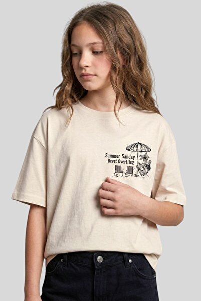 ww waka waka kids store Girl's "Summer Sunday" Printed Oversize Beige T-Shirt