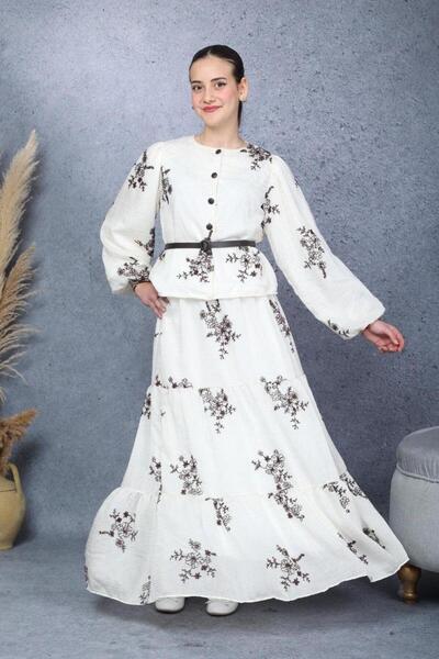 Buket Tekstil Girls' White Color Belted Waist Button Detail Flowery Stylish D...