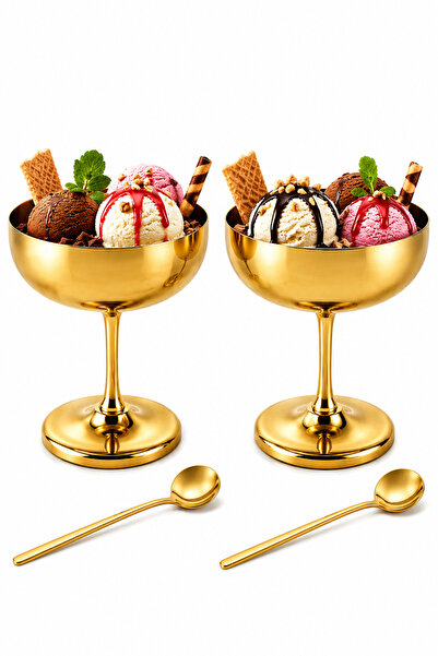 NEWNOW Milano Gold Stainless Steel Ice Cream Bowl and Spoon Set 2-Piece Foote...