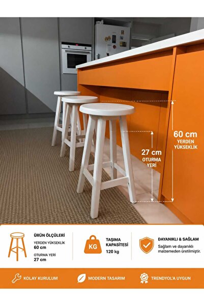 ÇALIK Modern ahsap bar taburesi 60 cm - beyaz /mutfak/ cafe taburesi
