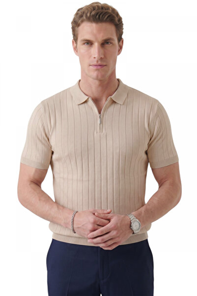 DeepSEA Men's Beige Polo Collar Zippered Striped Textured Regular Fit Lycra K...