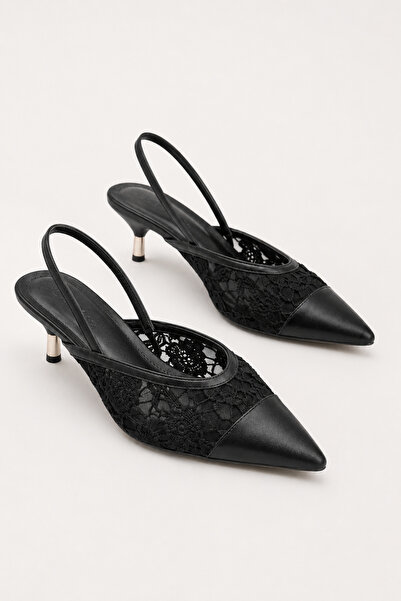 Women Lay-z Pantofi eleganți cu toc auriu de 5 cm, cu dantelă neagră, cu vârf...