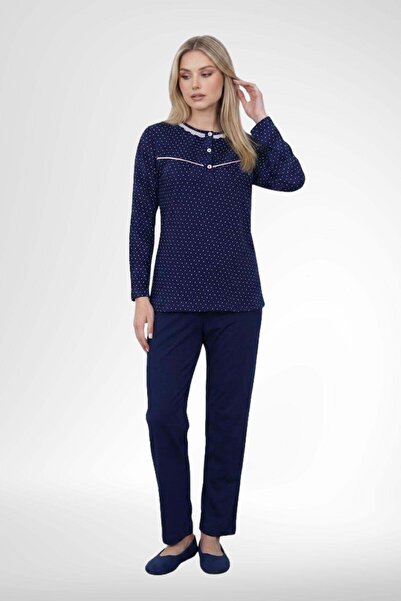 Mecit Pijama Mecit 6391 Lacivert %100 Pamuk Kadın Büyük Beden Uzun Sabahlıklı Pijama Takımı