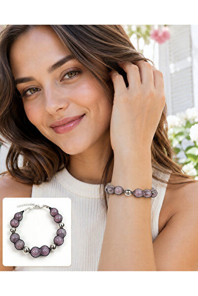 IRISIMA Black Mesh Cord Pink Beaded Bracelet