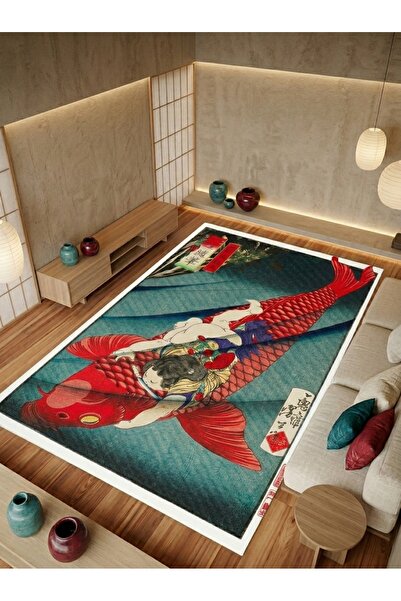 Rugs Modern Halı SDT Geleneksel Japon Sanatı Koi Balığı Beyaz Bordürlü Uzak D...