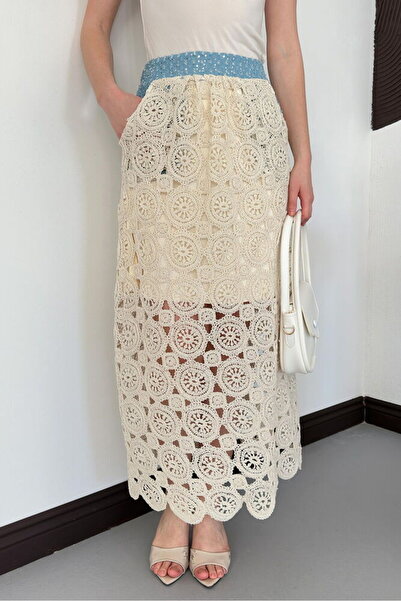 LOKADI Women's Ecru Lace Detailed Bohemian Maxi Skirt - High Waist Lined Lace...