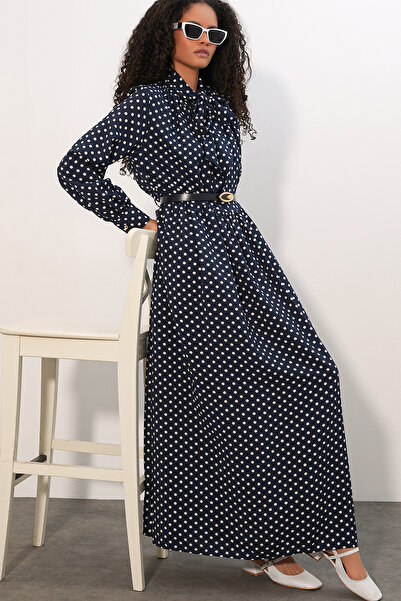 Bigdart Women's Belted Polka Dot Hijab Dress 2613 - Navy Blue