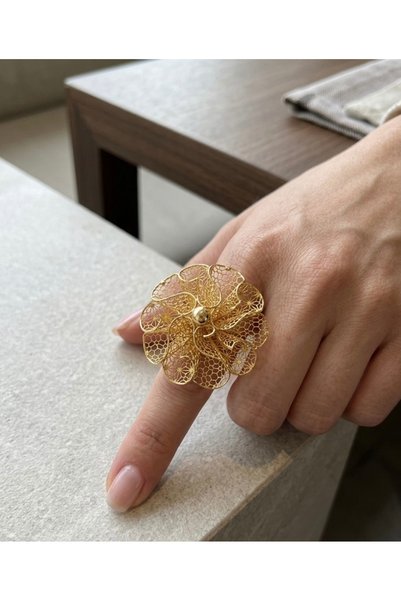 NYR Gold Silver Büyük Filigran Çiçek Yüzük 3.5 cm | Altın Kaplama Yıldız Moti...