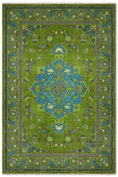 Pastel Home Fıstık Yeşil Retro Vintage Şönil Halı Kilim Yolluk Kaymaz Yıkanab...