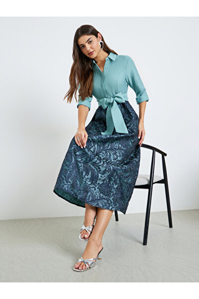 Styli Blue Jacquard Maxi Dress with 3/4 Sleeves