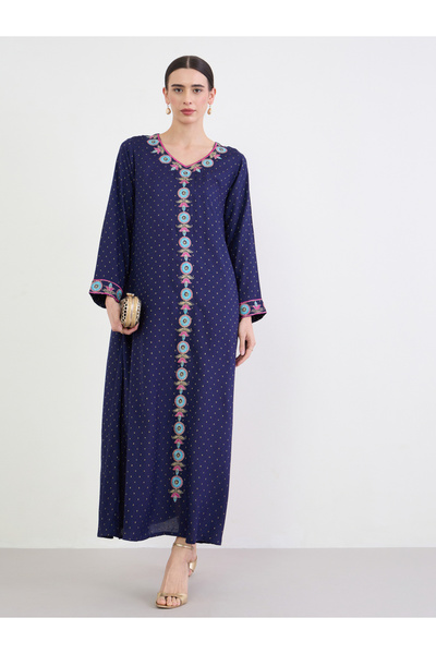 Amirah By Styli Navy Blue Floral Embroidered A-Line Jalabiya
