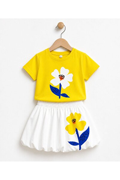 RAPAPA Set de tricou, pantaloni scurți și fustă cu imprimeu floral galben pen...