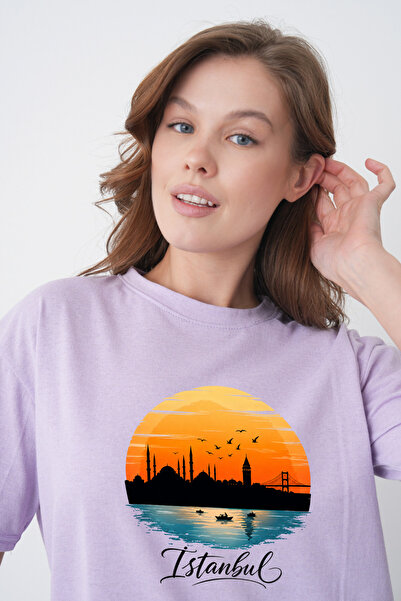 TREND EMMODA Tricou casual de damă, liliac, cu imprimeu grafic, cu decolteu r...