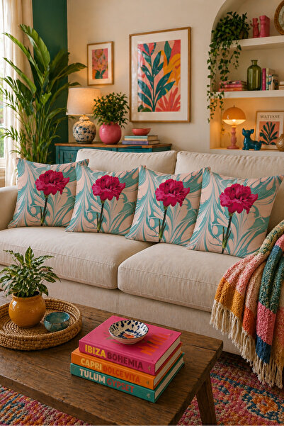 LadiesHome Turquoise Marble Patterned Peony Flower 4-Piece Throw Pillow Cover...
