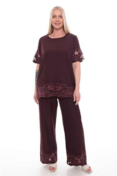 zitex Linen-Looking Plus Size Top and Bottom Set with Detailed Shellfish Embe...