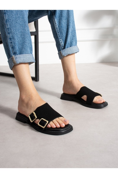ALEMDAR AYAKKABI Torvina Black Buckle Detailed Women's Slippers
