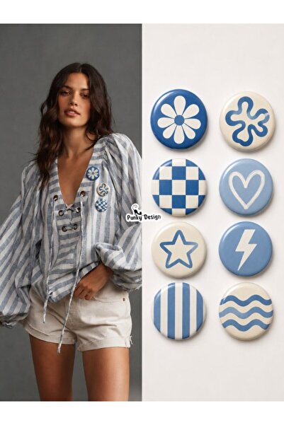 Punky Store 8 li Set-7 Mavi Beyaz Rozet Seti Çiçek Kalp Yıldız Dama Dalga Des...