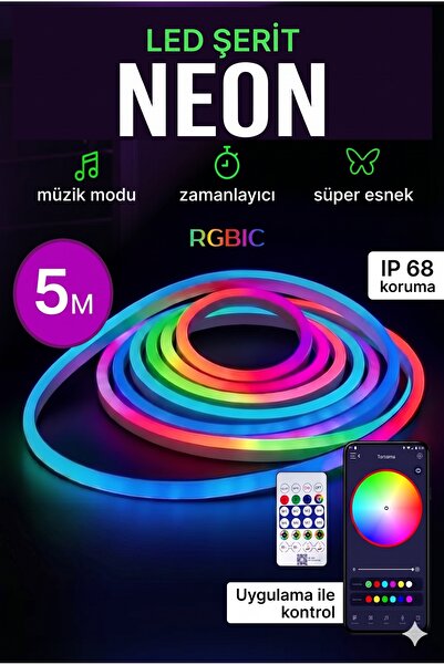 PASACO 5 Metre 5V RGB Akıllı Neon LED Şerit - Müzik Senkronizasyonlu, Bluetoo...