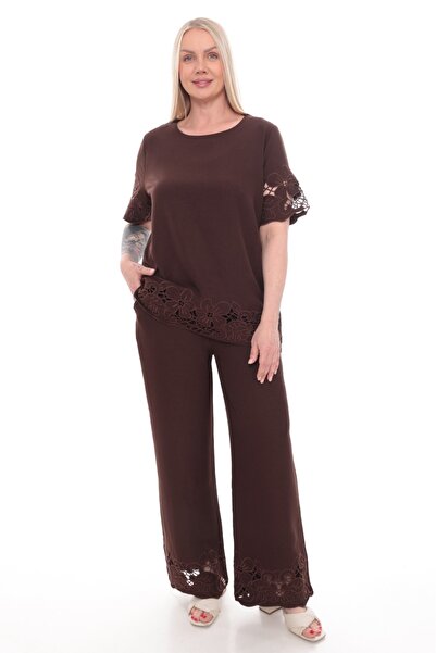 zitex Linen-Looking Plus Size Top and Bottom Set with Detailed Shellfish Embe...