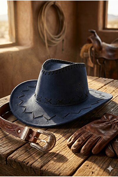 Belifanti Collection قبعة رعاة البقر من جلد النوبوك باللون الأزرق الداكن للجن...