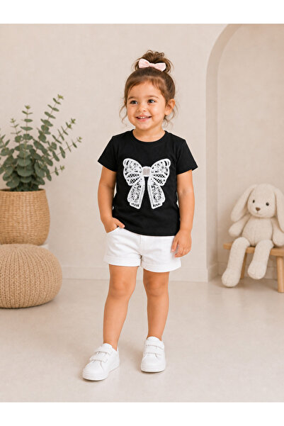 Bi Cool 14905-26 Girl's Lace Bow Detailed Cotton T-Shirt