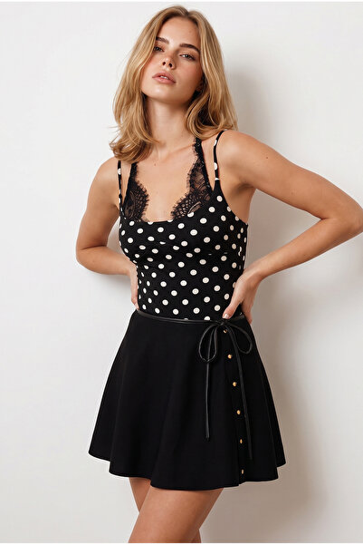 Olalook Women's Polka Dot Black Strappy Lace Trimmed Jersey Bodysuit Bdy-0000...