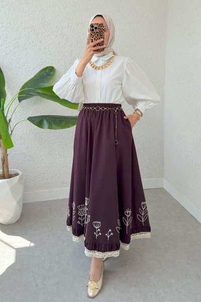 MODA S&S BZLİNE Vintage Style Skirt with Lace and Embroidery