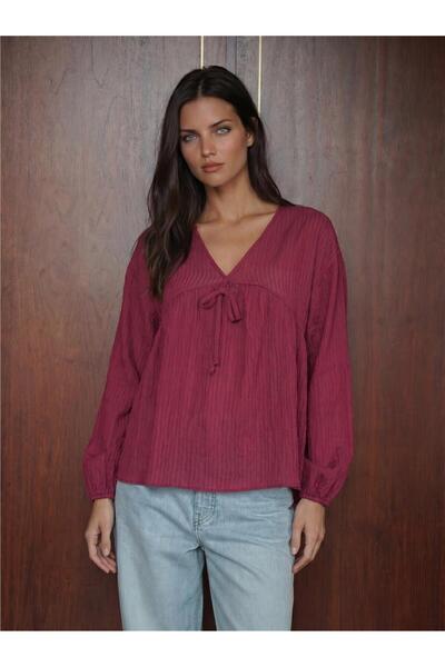 WeShaya Burgundy Viscose Textured Long Sleeve Lace-Up Front Loose Cut Blouse