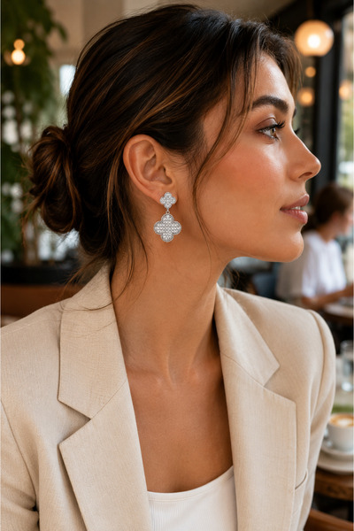 POYASE Zircon Stone Embellished Premium Silver Color Dangle Women's Earrings