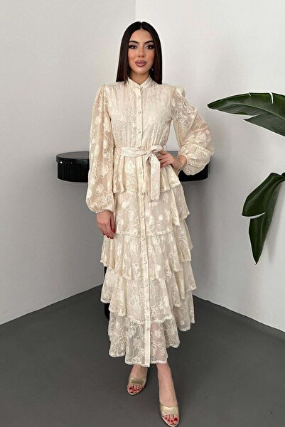Caddebostan Moda Women's Embroidered Jacquard Fabric Layered Flounce Belted M...