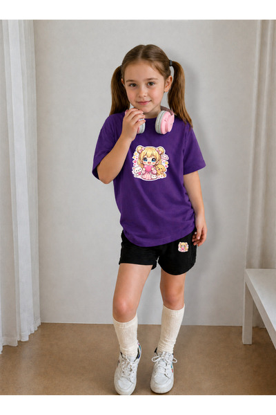 LORVEX Set de tricou și pantaloni scurți pentru fete, din bumbac imprimat, co...