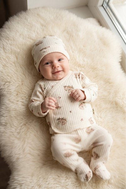 Gebelog Koala Patterned Organic Textured Ribbed Baby Set - Hospital Release 3 Piece Set