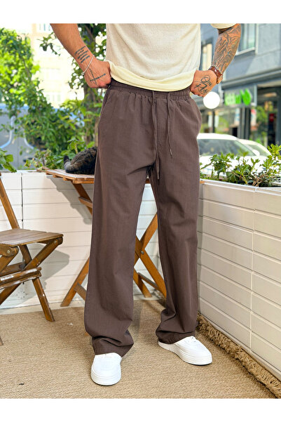 manch collection Drawstring Waist Basic Baggy Linen Trousers Brown