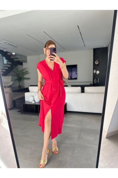Efnaz style Women's V-Neck Button Detail Belted Dress - S - Red