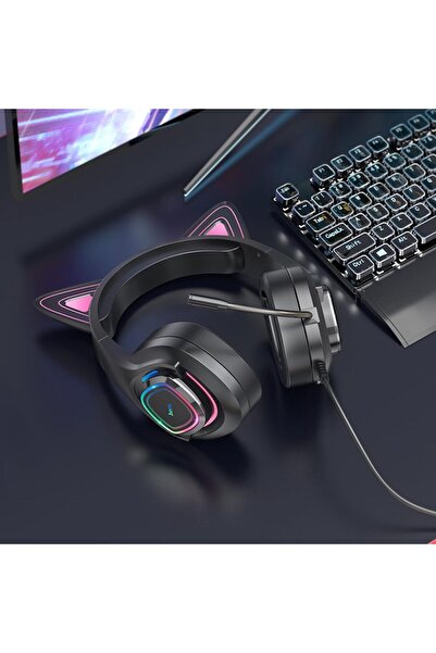 Hoco Headphones W107 Cute Cat – Wired Gaming | 3.5mm + USB-A | LED Cat Ear De...