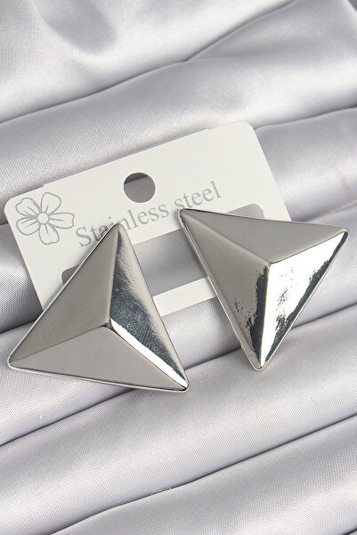 ETC Brass Silver Color 3D Triangle Model Women's Earrings 5886 - Miyng8362-1233