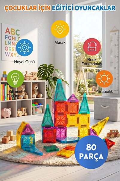 Yeklon Store Manyetik Yapı Blokları - Çocuklar İçin 3 Boyutlu Renkli Mıknatıs...