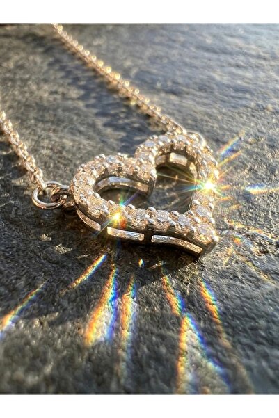Meneva Aksesuar Zircon Stone Sparkling Heart Figured Steel Necklace